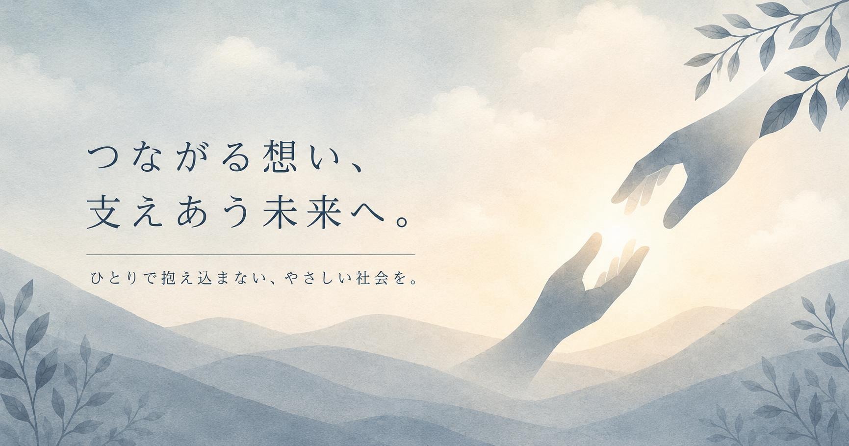 差し伸べられた手と手。つながる想い、支えあう未来へ。ひとりで抱え込まない、やさしい社会を。